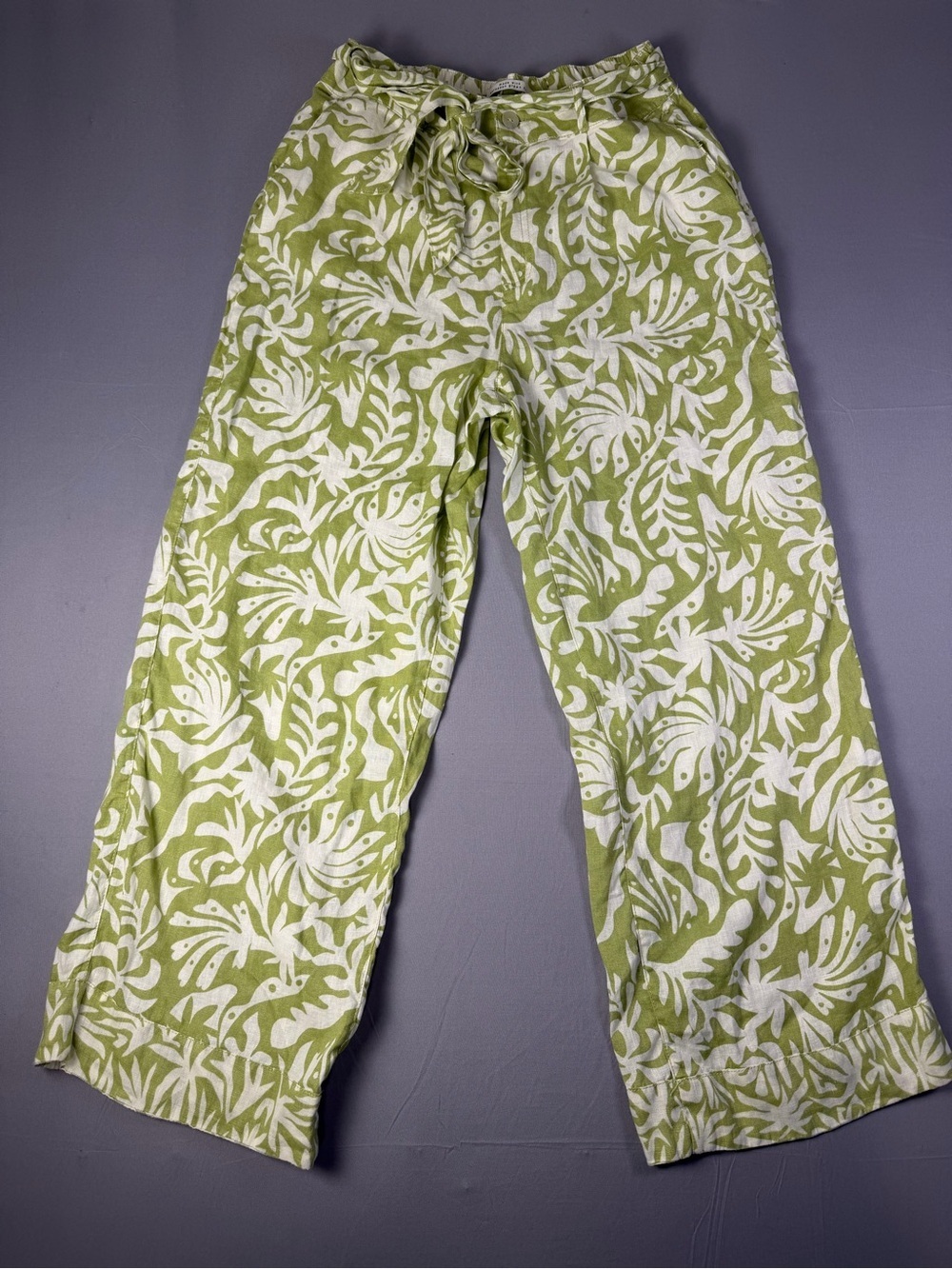 100% Linen Rachel Zoe Green and White Tropical Palm Print Wide-Leg Pants Size M - Picture 2 of 13